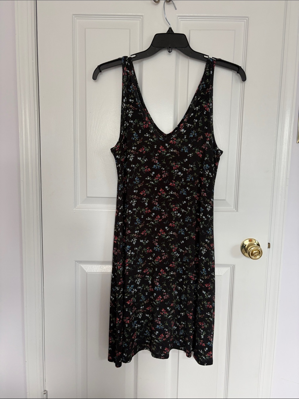 Karen Kane Black Floral V-Neck dress with Pink and Blue Accents